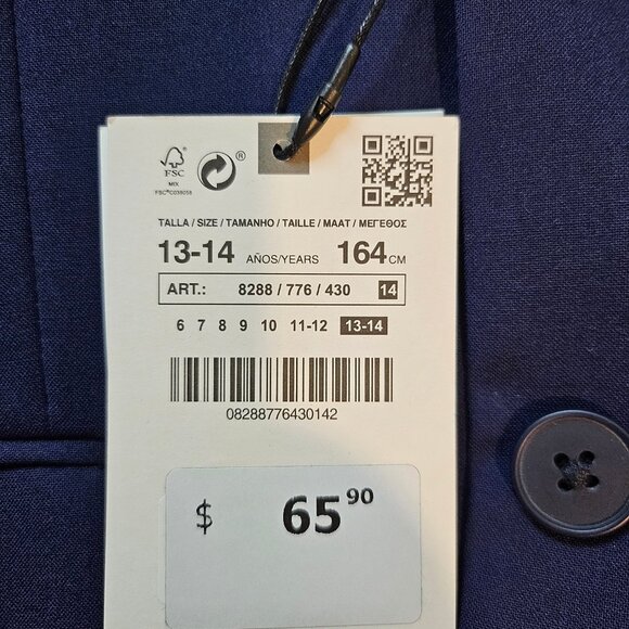 ZARA Boy's Navy Blue 2-Button Tailored Suit Jacket - Size 13-14 - Picture 6 of 11